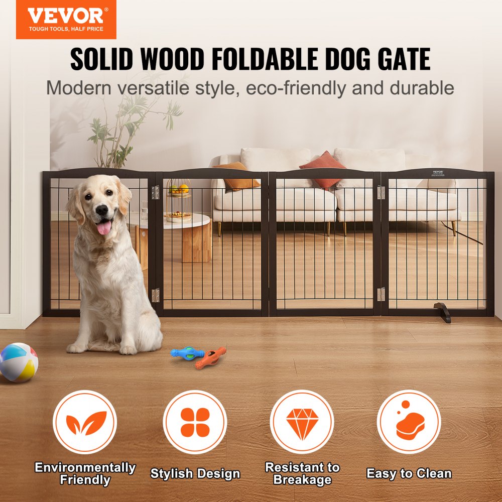 VEVOR Freestanding Dog Gate, Pet Gate, 610 x 813 mm Door Safety Gate, 4-Panel Foldable Dog Gate for Wide & Narrow Doorways, Expandable Foldable Dog Barrier, Brown Stair Safety Gate