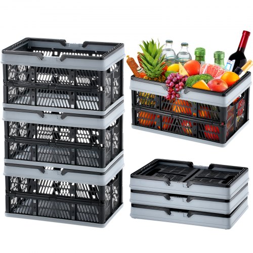 VEVOR Cesta de la compra plegable, paquete de 3, caja de almacenamiento plegable de plástico de 16 L con asa, cesta de la compra de frutas y verduras, contenedor de almacenamiento plegable para supermercado, compras al por menor, negro