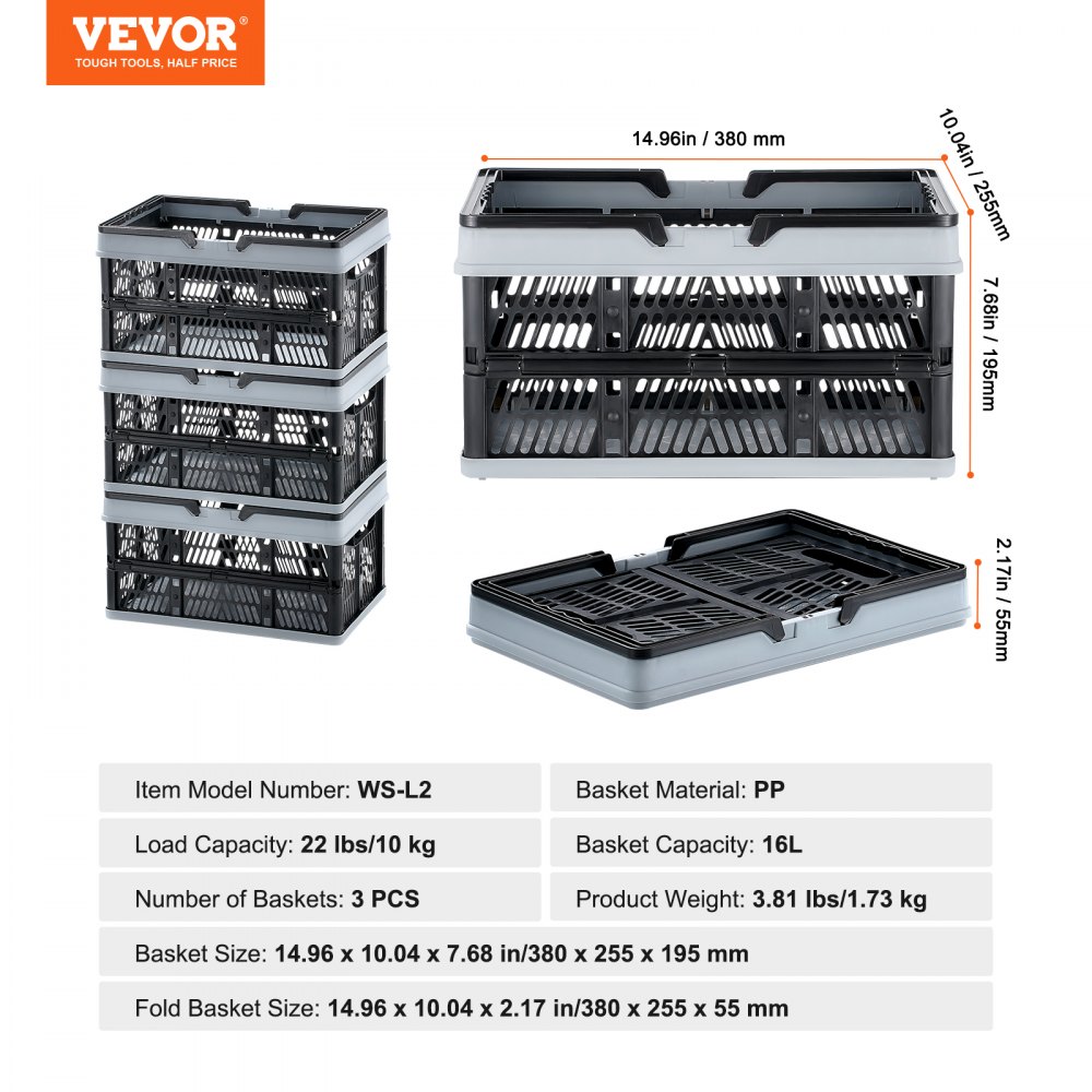 VEVOR Cesta de la compra plegable, paquete de 3, caja de almacenamiento plegable de plástico de 16 L con asa, cesta de la compra de frutas y verduras, contenedor de almacenamiento plegable para supermercado, compras al por menor, negro