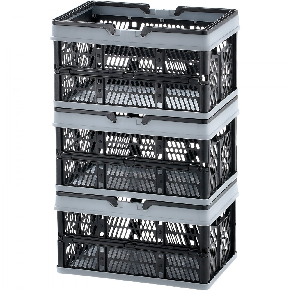 VEVOR Cesta de la compra plegable, paquete de 3, caja de almacenamiento plegable de plástico de 16 L con asa, cesta de la compra de frutas y verduras, contenedor de almacenamiento plegable para supermercado, compras al por menor, negro
