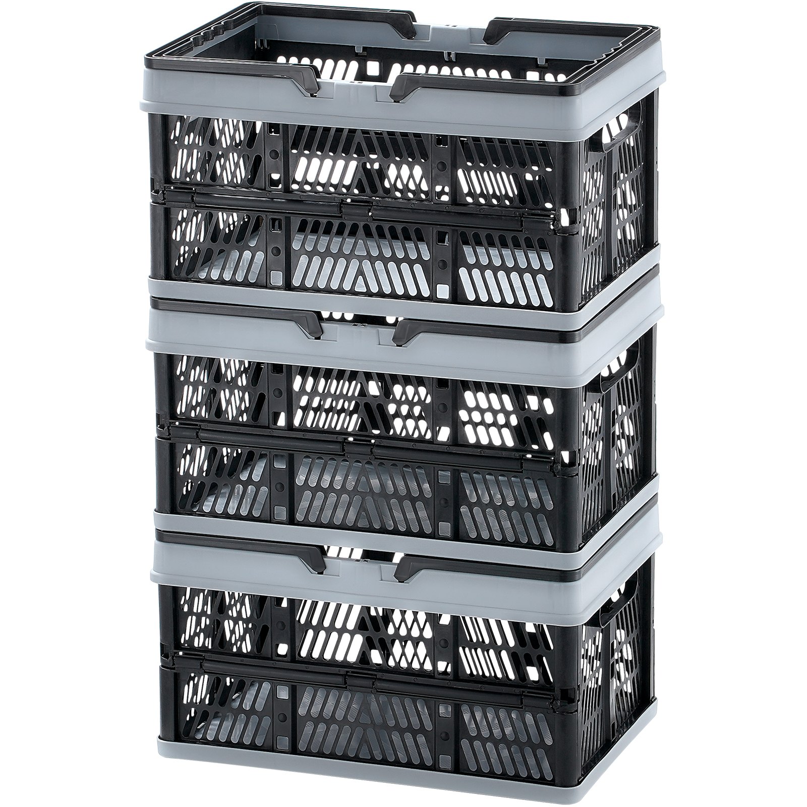 VEVOR Cesta de la compra plegable, paquete de 3, caja de almacenamiento plegable de plástico de 16 L con asa, cesta de la compra de frutas y verduras, contenedor de almacenamiento plegable para supermercado, compras al por menor, negro