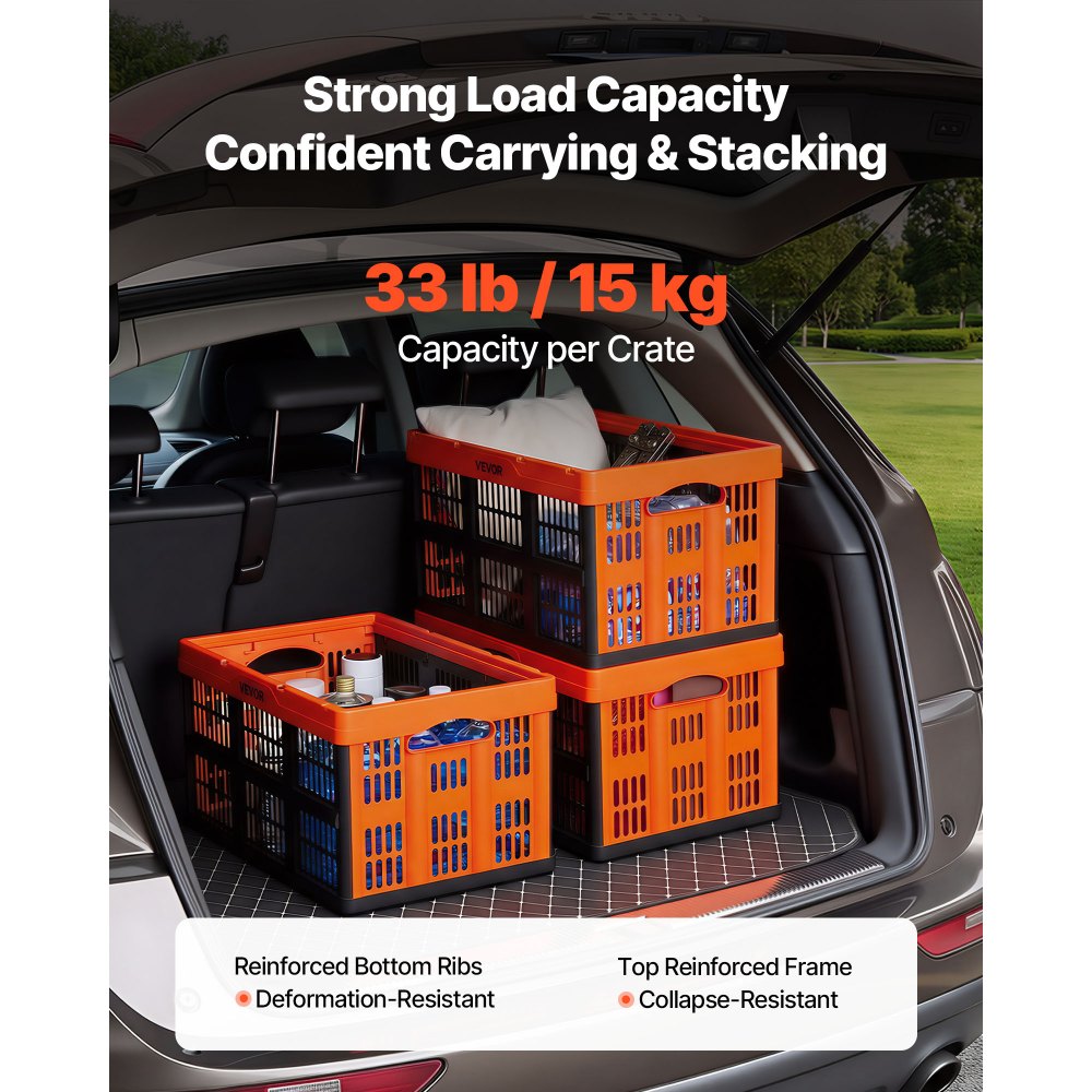 VEVOR Cajas de Almacenaje Plegables de Plástico 45 L, 6 Unidades, Contenedores de Almacenaje con Asas, sin Tapa, Ahorra Espacio, Soporta 15 kg para Hogar Coche Organización Camping, Naranja y Negro