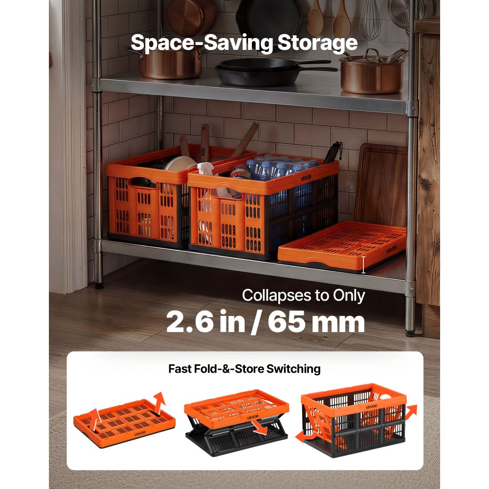 VEVOR Cajas de Almacenaje Plegables de Plástico 45 L, 6 Unidades, Contenedores de Almacenaje con Asas, sin Tapa, Ahorra Espacio, Soporta 15 kg para Hogar Coche Organización Camping, Naranja y Negro