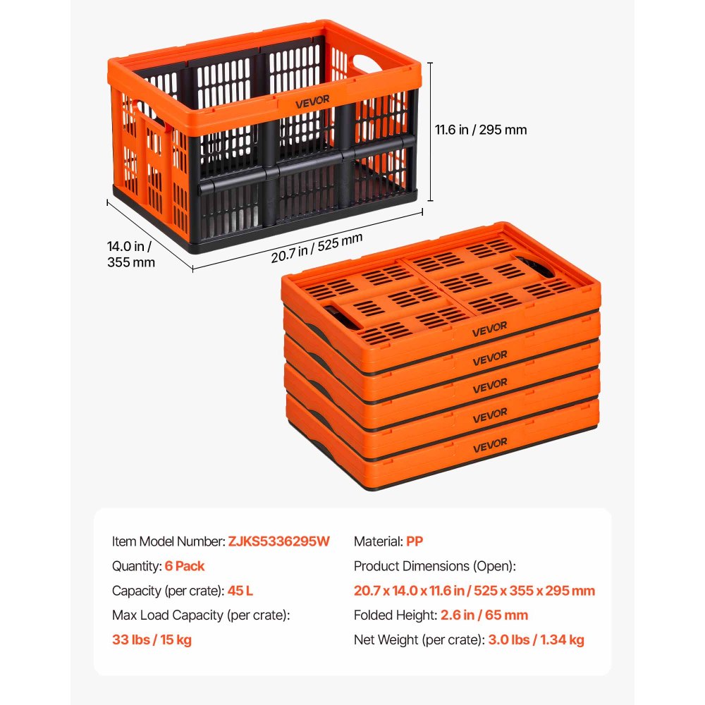 VEVOR Cajas de Almacenaje Plegables de Plástico 45 L, 6 Unidades, Contenedores de Almacenaje con Asas, sin Tapa, Ahorra Espacio, Soporta 15 kg para Hogar Coche Organización Camping, Naranja y Negro