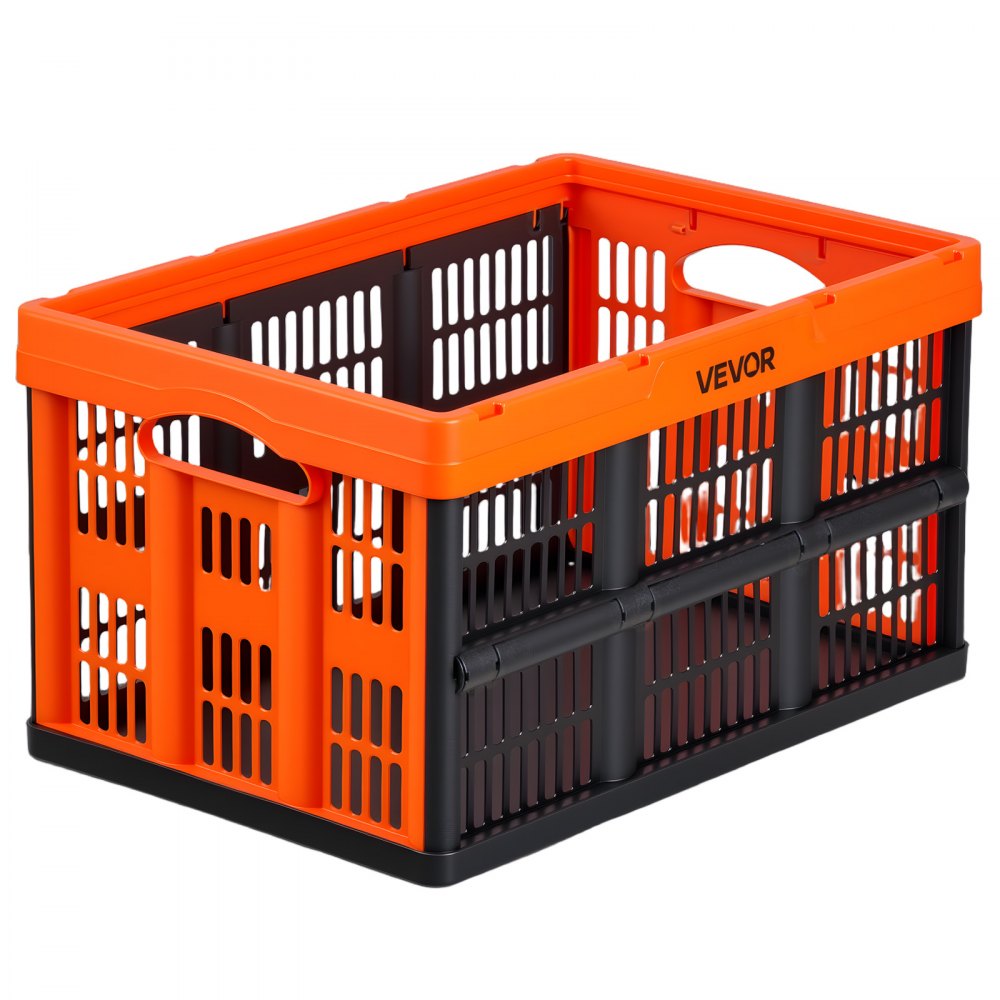 VEVOR Cajas de Almacenaje Plegables de Plástico 45 L, 6 Unidades, Contenedores de Almacenaje con Asas, sin Tapa, Ahorra Espacio, Soporta 15 kg para Hogar Coche Organización Camping, Naranja y Negro