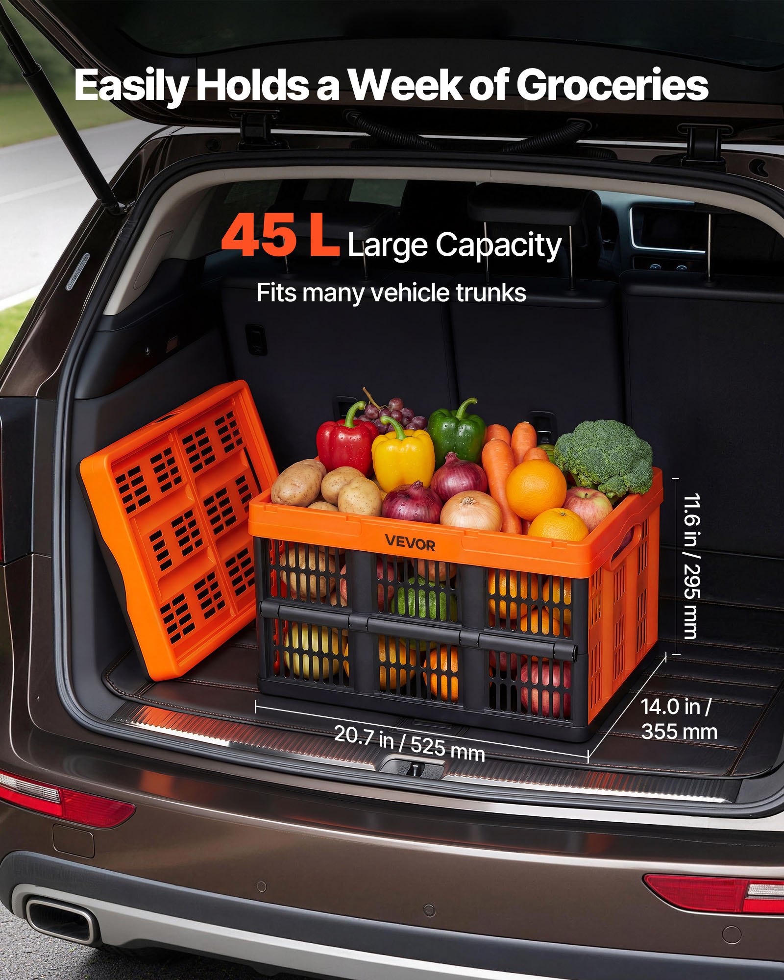 VEVOR Cajas de Almacenaje Plegables de Plástico 45 L, 6 Unidades, Contenedores de Almacenaje con Asas, sin Tapa, Ahorra Espacio, Soporta 15 kg para Hogar Coche Organización Camping, Naranja y Negro