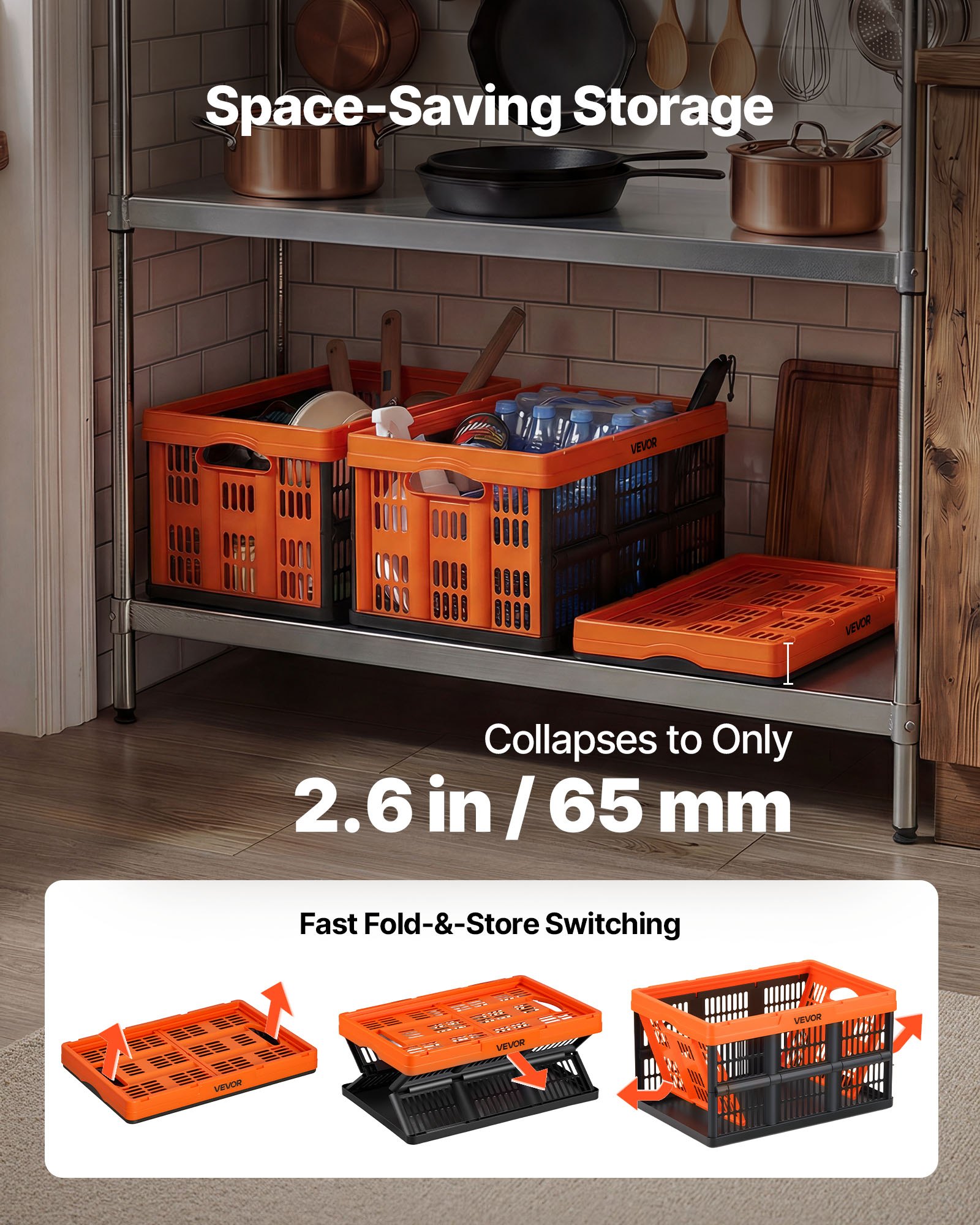 VEVOR Cajas de Almacenaje Plegables de Plástico 45 L, 6 Unidades, Contenedores de Almacenaje con Asas, sin Tapa, Ahorra Espacio, Soporta 15 kg para Hogar Coche Organización Camping, Naranja y Negro