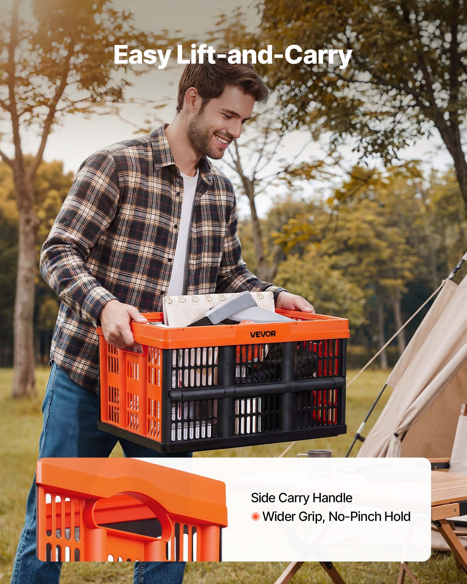 VEVOR Cajas de Almacenaje Plegables de Plástico 45 L, 6 Unidades, Contenedores de Almacenaje con Asas, sin Tapa, Ahorra Espacio, Soporta 15 kg para Hogar Coche Organización Camping, Naranja y Negro