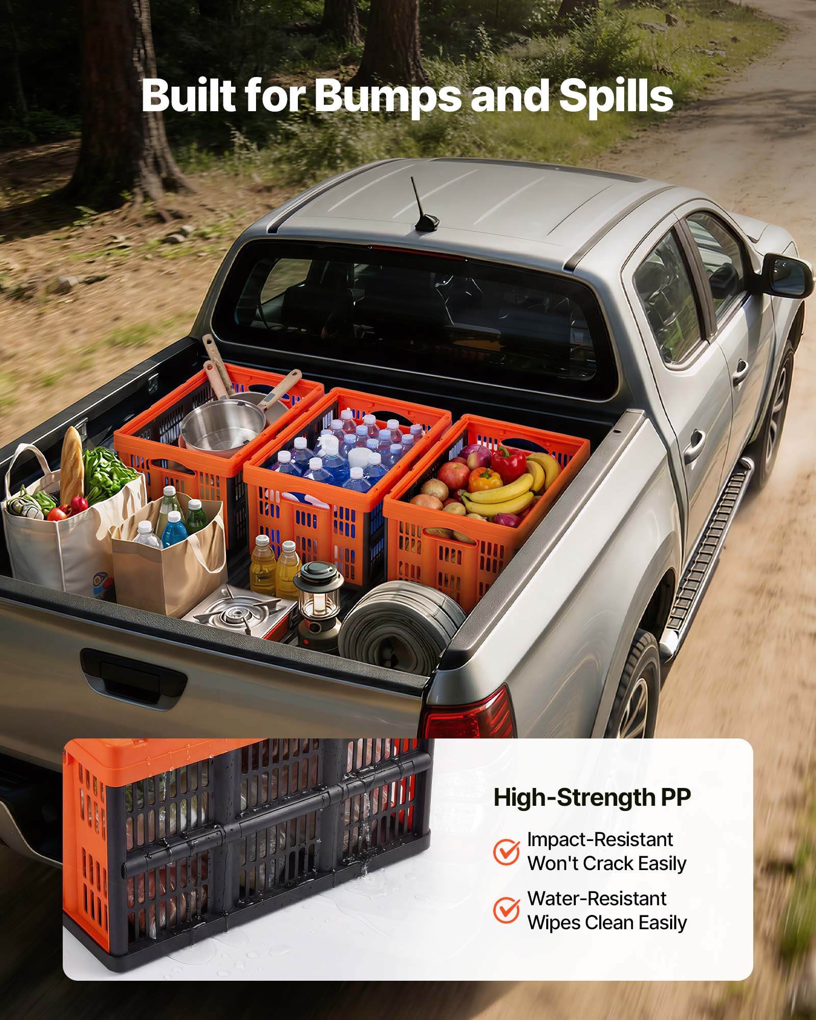 VEVOR Cajas de Almacenaje Plegables de Plástico 45 L, 6 Unidades, Contenedores de Almacenaje con Asas, sin Tapa, Ahorra Espacio, Soporta 15 kg para Hogar Coche Organización Camping, Naranja y Negro