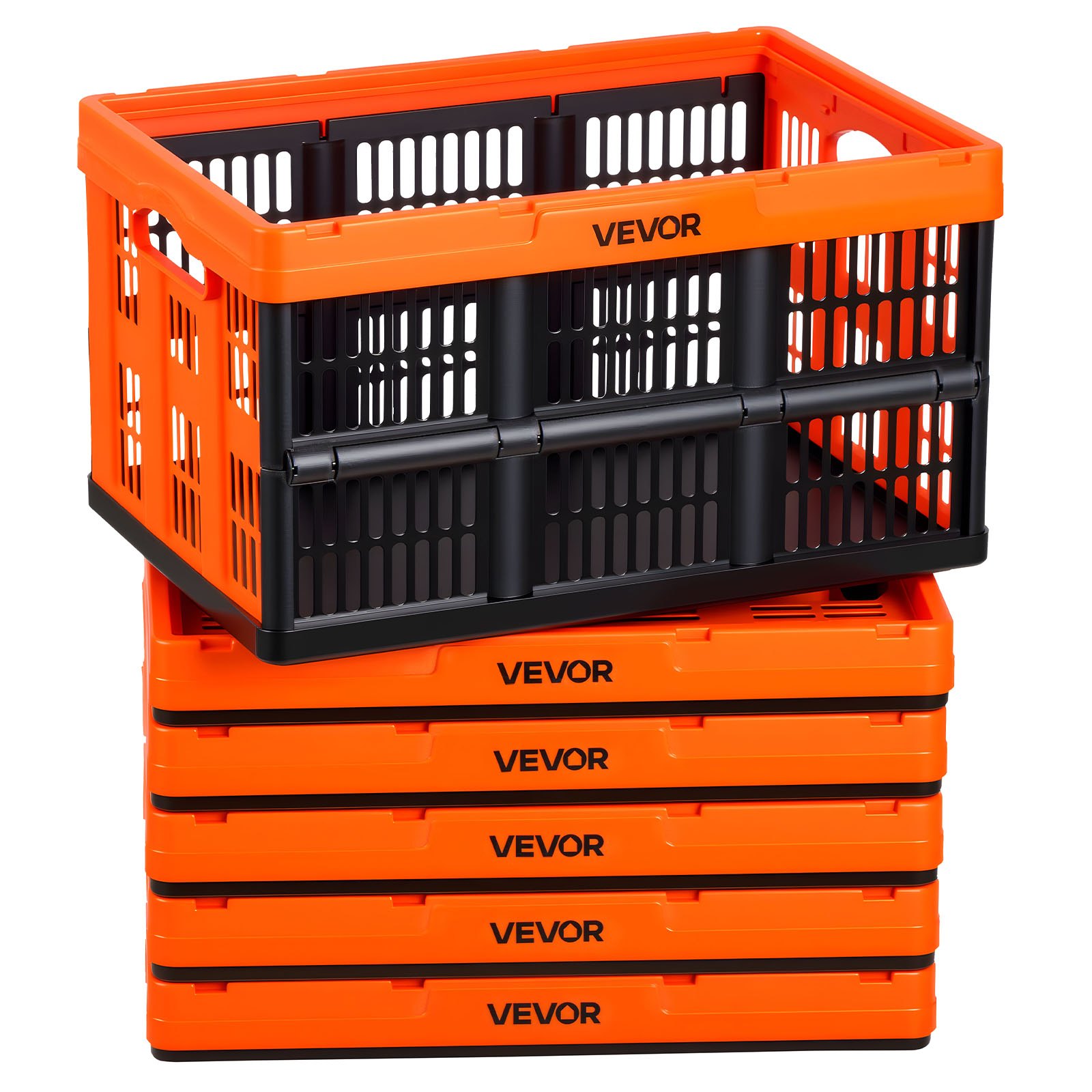 VEVOR Cajas de Almacenaje Plegables de Plástico 45 L, 6 Unidades, Contenedores de Almacenaje con Asas, sin Tapa, Ahorra Espacio, Soporta 15 kg para Hogar Coche Organización Camping, Naranja y Negro