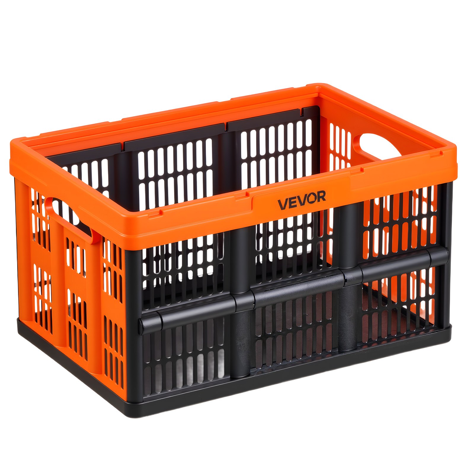 VEVOR Cajas de Almacenaje Plegables de Plástico 45 L, 6 Unidades, Contenedores de Almacenaje con Asas, sin Tapa, Ahorra Espacio, Soporta 15 kg para Hogar Coche Organización Camping, Naranja y Negro