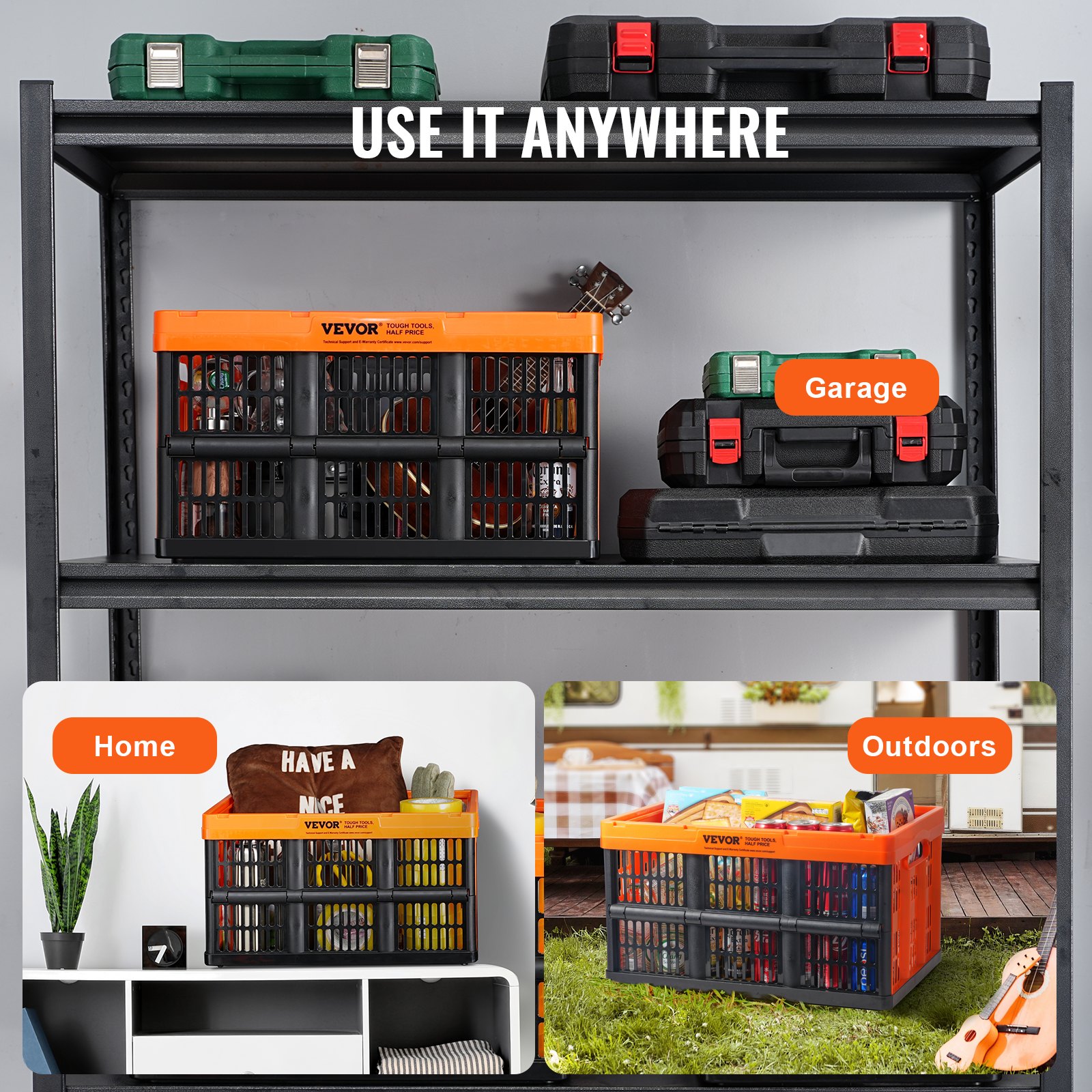 VEVOR Cajas de Almacenamiento Plegable de PP con Tapas 45 L 3 PCS, Negro Naranja