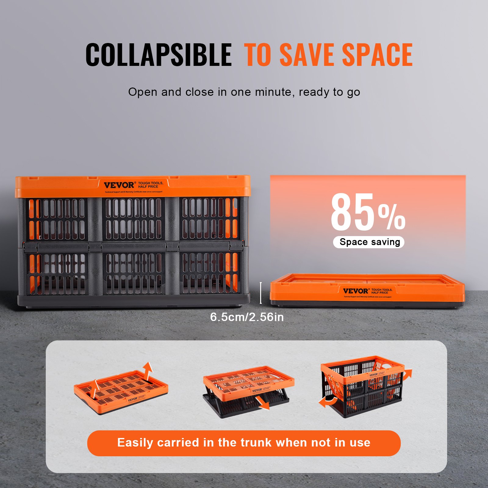 VEVOR 3-piece set 45L professional folding box made of PP transport box foldable storage box with handle stackable crates storage box folding boxes stackable boxes for storage & transport orange