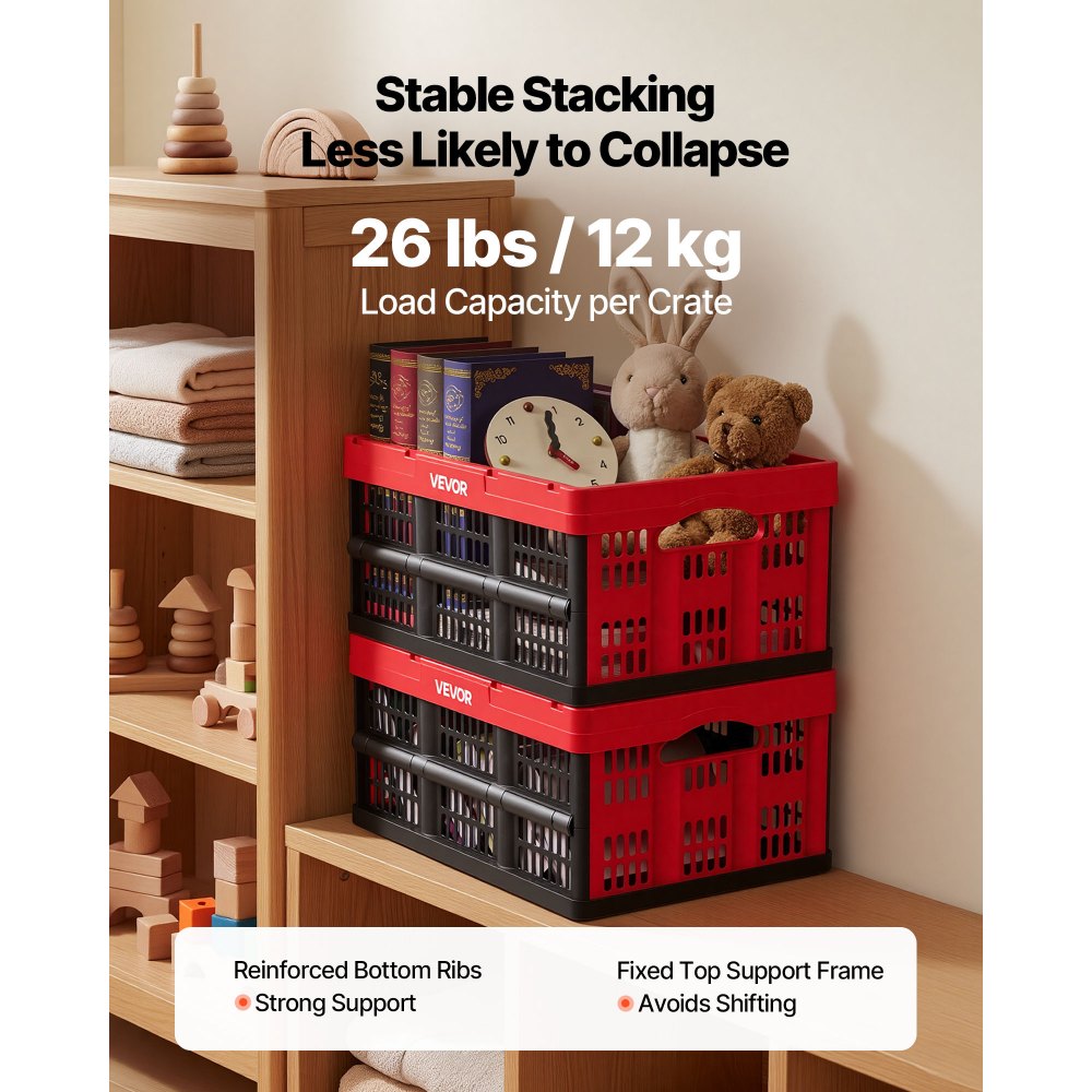VEVOR Cajas de Almacenaje Plegables de Plástico 32 L, 3 Unidades, Contenedores de Almacenaje sin Tapa, con Asas, Ahorra Espacio, Soporta 12 kg para Camping Organización Coche Hogar, Color Rojo y Negro