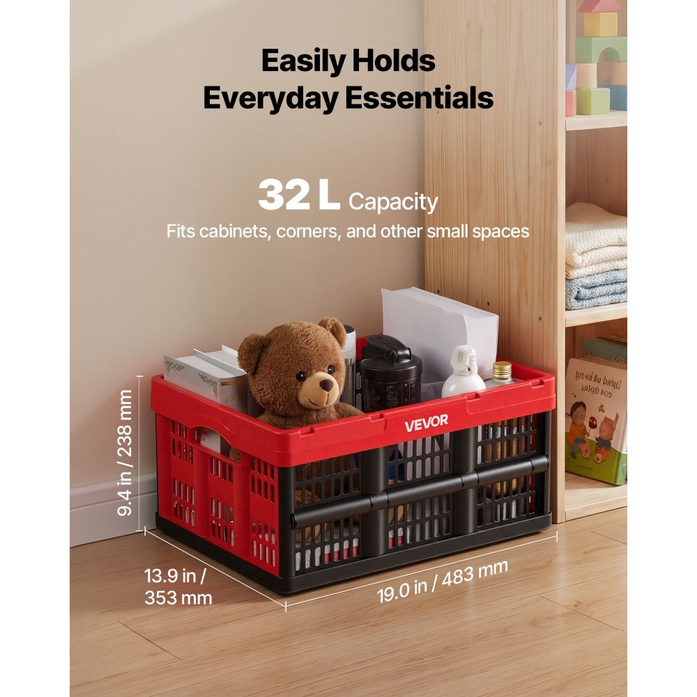 VEVOR Cajas de Almacenaje Plegables de Plástico 32 L, 3 Unidades, Contenedores de Almacenaje sin Tapa, con Asas, Ahorra Espacio, Soporta 12 kg para Camping Organización Coche Hogar, Color Rojo y Negro