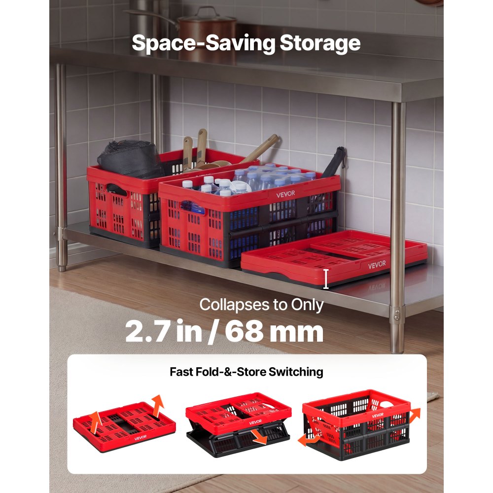 VEVOR Cajas de Almacenaje Plegables de Plástico 32 L, 3 Unidades, Contenedores de Almacenaje sin Tapa, con Asas, Ahorra Espacio, Soporta 12 kg para Camping Organización Coche Hogar, Color Rojo y Negro