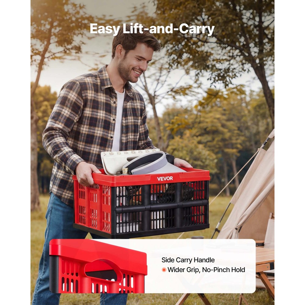 VEVOR Cajas de Almacenaje Plegables de Plástico 32 L, 3 Unidades, Contenedores de Almacenaje sin Tapa, con Asas, Ahorra Espacio, Soporta 12 kg para Camping Organización Coche Hogar, Color Rojo y Negro