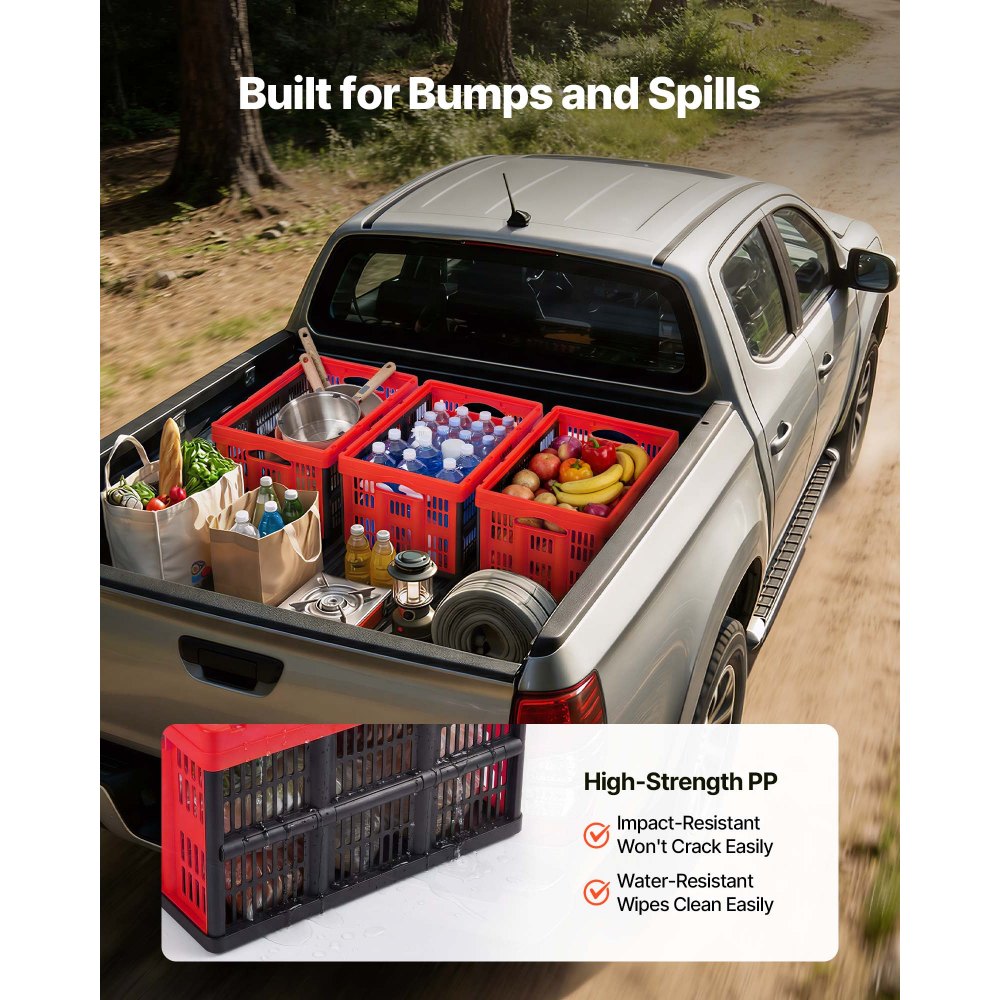 VEVOR Cajas de Almacenaje Plegables de Plástico 32 L, 3 Unidades, Contenedores de Almacenaje sin Tapa, con Asas, Ahorra Espacio, Soporta 12 kg para Camping Organización Coche Hogar, Color Rojo y Negro
