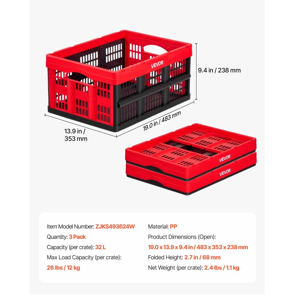 VEVOR Cajas de Almacenaje Plegables de Plástico 32 L, 3 Unidades, Contenedores de Almacenaje sin Tapa, con Asas, Ahorra Espacio, Soporta 12 kg para Camping Organización Coche Hogar, Color Rojo y Negro
