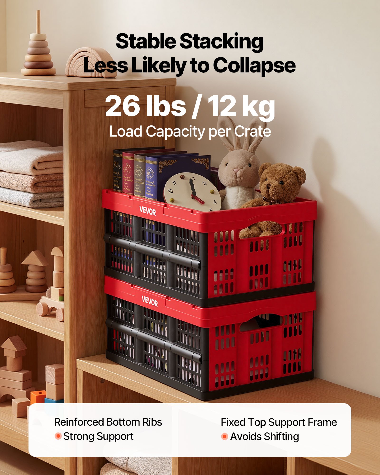 VEVOR Cajas de Almacenaje Plegables de Plástico 32 L, 3 Unidades, Contenedores de Almacenaje sin Tapa, con Asas, Ahorra Espacio, Soporta 12 kg para Camping Organización Coche Hogar, Color Rojo y Negro