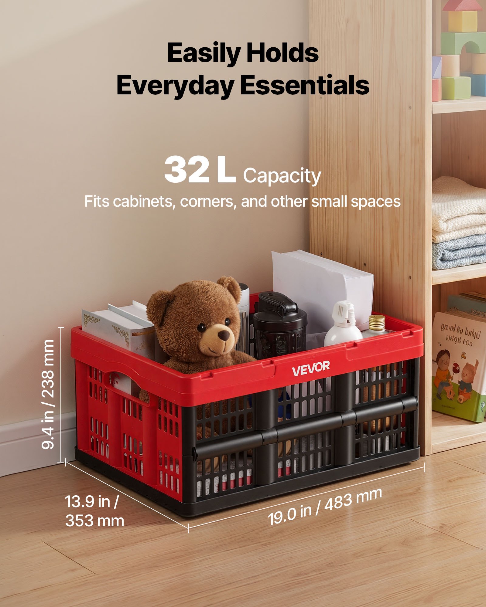 VEVOR Cajas de Almacenaje Plegables de Plástico 32 L, 3 Unidades, Contenedores de Almacenaje sin Tapa, con Asas, Ahorra Espacio, Soporta 12 kg para Camping Organización Coche Hogar, Color Rojo y Negro