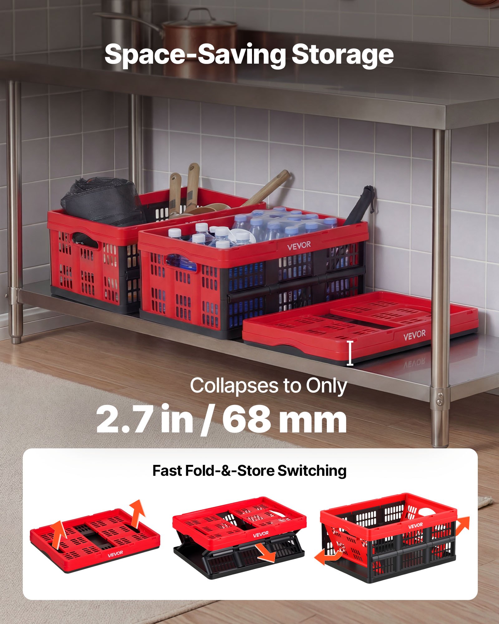 VEVOR Cajas de Almacenaje Plegables de Plástico 32 L, 3 Unidades, Contenedores de Almacenaje sin Tapa, con Asas, Ahorra Espacio, Soporta 12 kg para Camping Organización Coche Hogar, Color Rojo y Negro