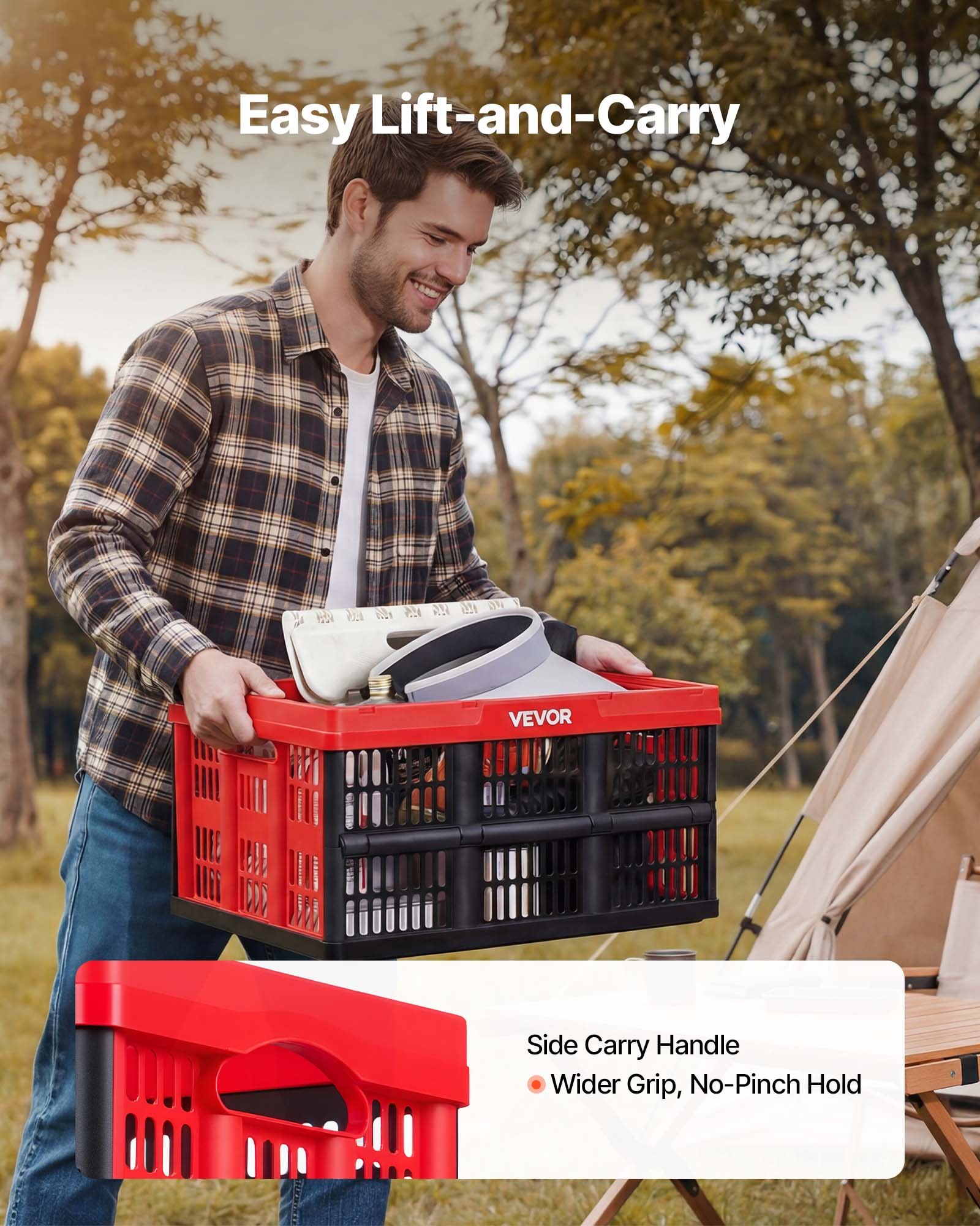 VEVOR Cajas de Almacenaje Plegables de Plástico 32 L, 3 Unidades, Contenedores de Almacenaje sin Tapa, con Asas, Ahorra Espacio, Soporta 12 kg para Camping Organización Coche Hogar, Color Rojo y Negro