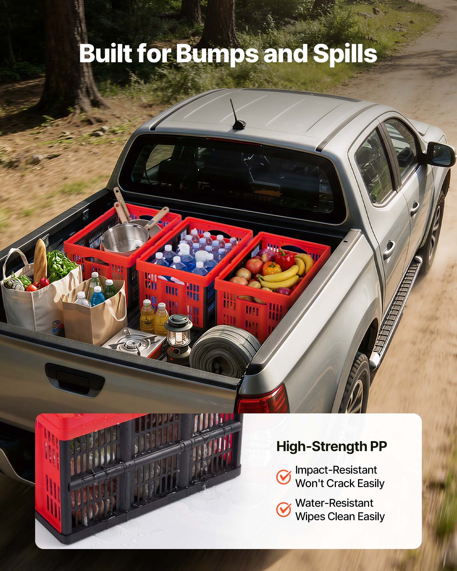 VEVOR Cajas de Almacenaje Plegables de Plástico 32 L, 3 Unidades, Contenedores de Almacenaje sin Tapa, con Asas, Ahorra Espacio, Soporta 12 kg para Camping Organización Coche Hogar, Color Rojo y Negro