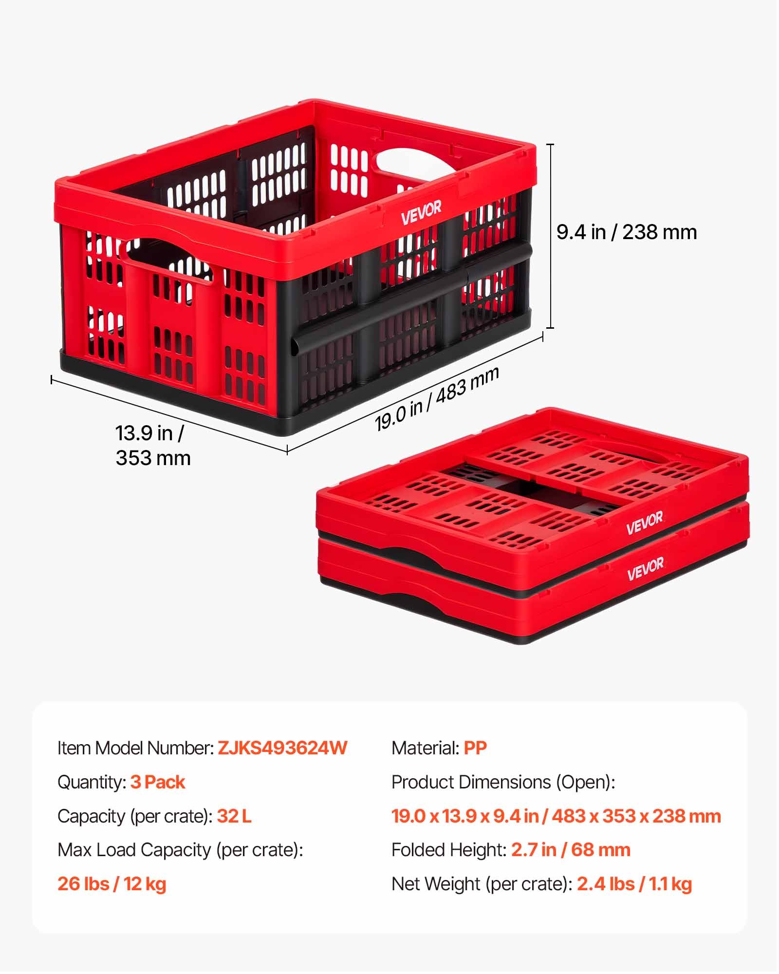 VEVOR Cajas de Almacenaje Plegables de Plástico 32 L, 3 Unidades, Contenedores de Almacenaje sin Tapa, con Asas, Ahorra Espacio, Soporta 12 kg para Camping Organización Coche Hogar, Color Rojo y Negro