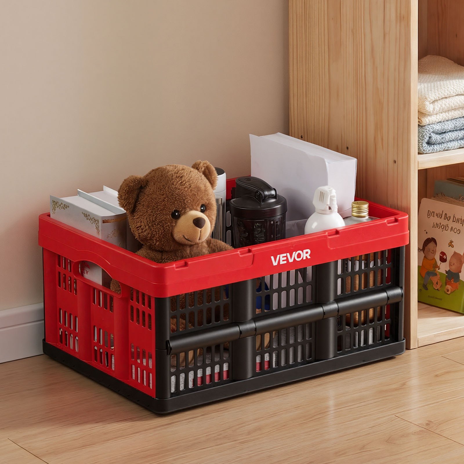 VEVOR Cajas de Almacenaje Plegables de Plástico 32 L, 3 Unidades, Contenedores de Almacenaje sin Tapa, con Asas, Ahorra Espacio, Soporta 12 kg para Camping Organización Coche Hogar, Color Rojo y Negro