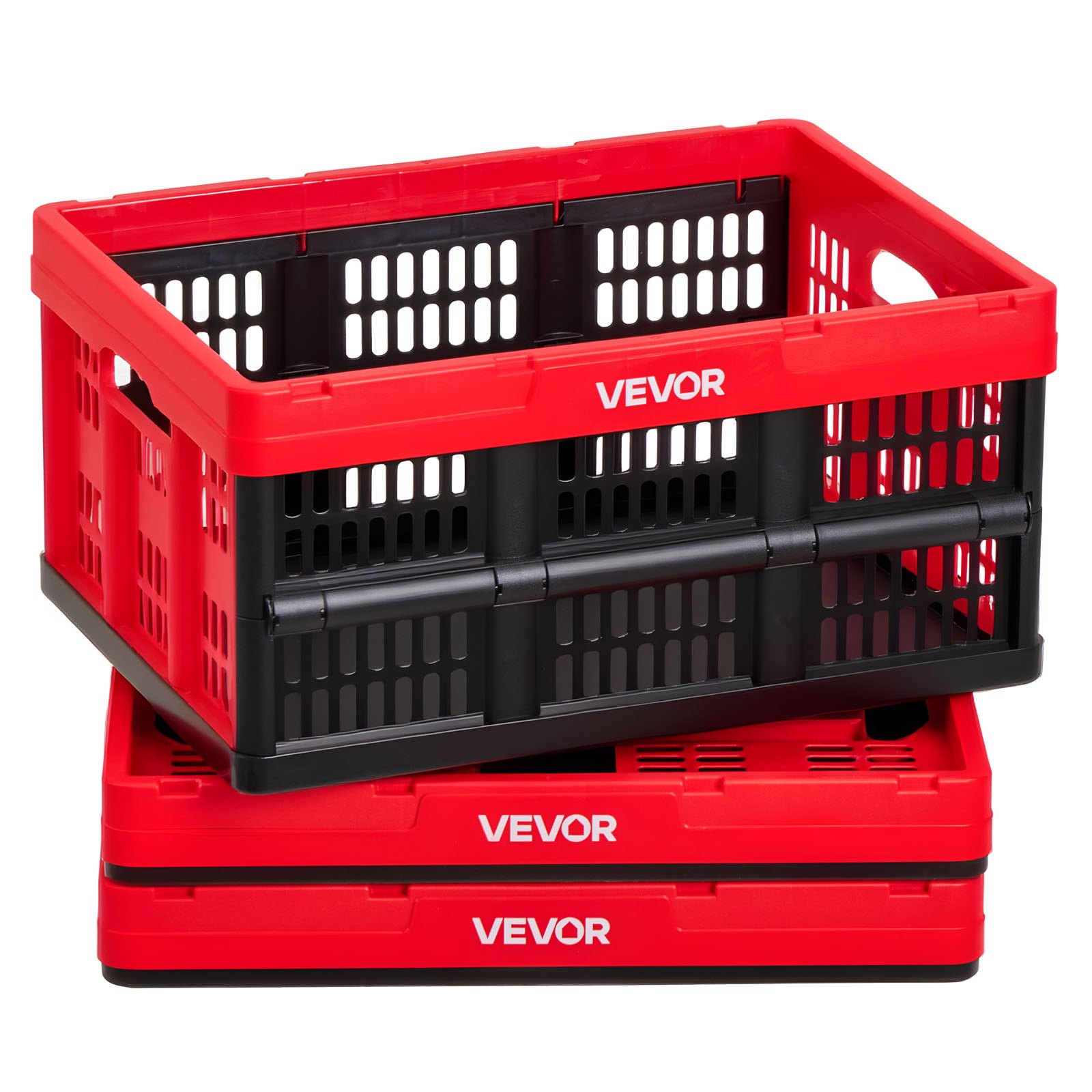 VEVOR Cajas de Almacenaje Plegables de Plástico 32 L, 3 Unidades, Contenedores de Almacenaje sin Tapa, con Asas, Ahorra Espacio, Soporta 12 kg para Camping Organización Coche Hogar, Color Rojo y Negro