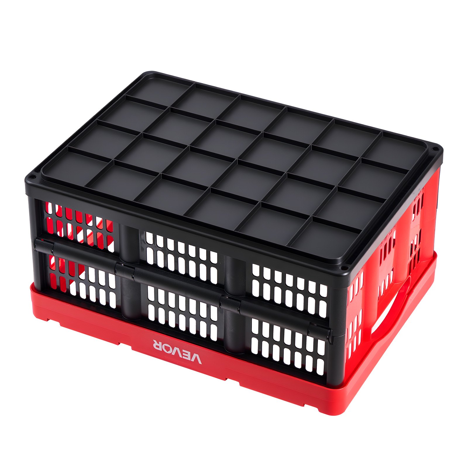 VEVOR Cajas de Almacenaje Plegables de Plástico 32 L, 3 Unidades, Contenedores de Almacenaje sin Tapa, con Asas, Ahorra Espacio, Soporta 12 kg para Camping Organización Coche Hogar, Color Rojo y Negro