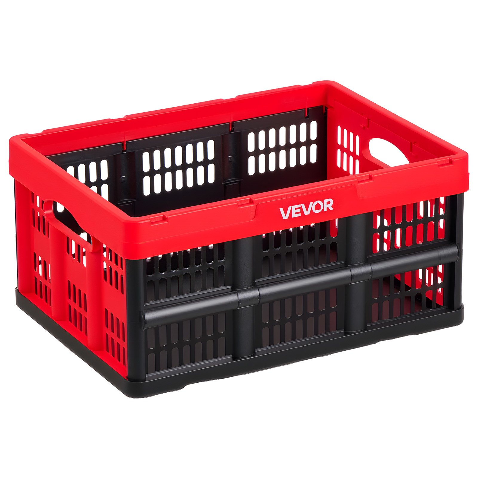 VEVOR Cajas de Almacenaje Plegables de Plástico 32 L, 3 Unidades, Contenedores de Almacenaje sin Tapa, con Asas, Ahorra Espacio, Soporta 12 kg para Camping Organización Coche Hogar, Color Rojo y Negro