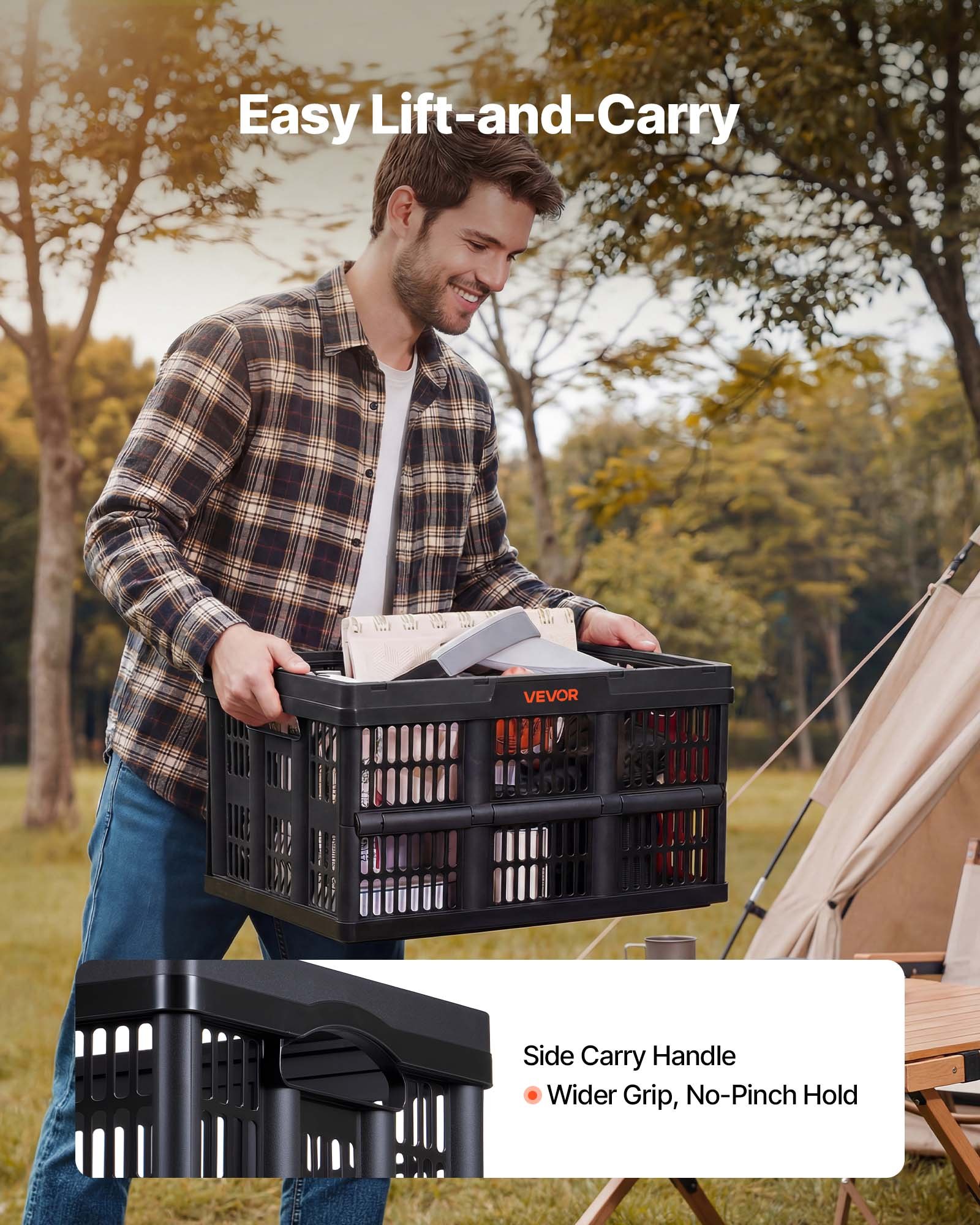 VEVOR Cajas de Almacenaje Plegables de Plástico 45 L, 3 Unidades, Contenedores de Almacenaje con Asas, sin Tapa, Soporta hasta 15 kg, Ahorra Espacio para Hogar Organización Camping Coche, Color Negro