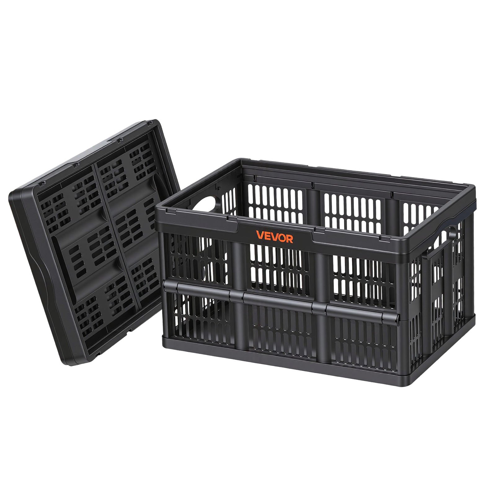VEVOR Cajas de Almacenaje Plegables de Plástico 45 L, 3 Unidades, Contenedores de Almacenaje con Asas, sin Tapa, Soporta hasta 15 kg, Ahorra Espacio para Hogar Organización Camping Coche, Color Negro