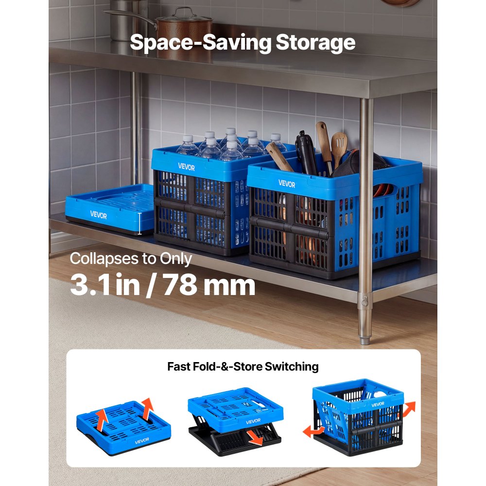 VEVOR Cajas de Almacenaje Plegables de Plástico 25 L, 3 Unidades, Contenedores de Almacenaje sin Tapa, con Asas, Soporta 10 kg, Ahorra Espacio para Organización Camping Coche Hogar, Color Azul y Negro