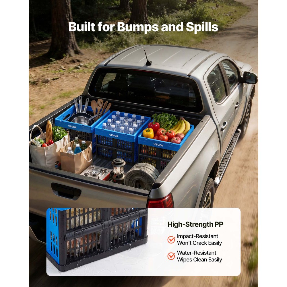 VEVOR Cajas de Almacenaje Plegables de Plástico 25 L, 3 Unidades, Contenedores de Almacenaje sin Tapa, con Asas, Soporta 10 kg, Ahorra Espacio para Organización Camping Coche Hogar, Color Azul y Negro