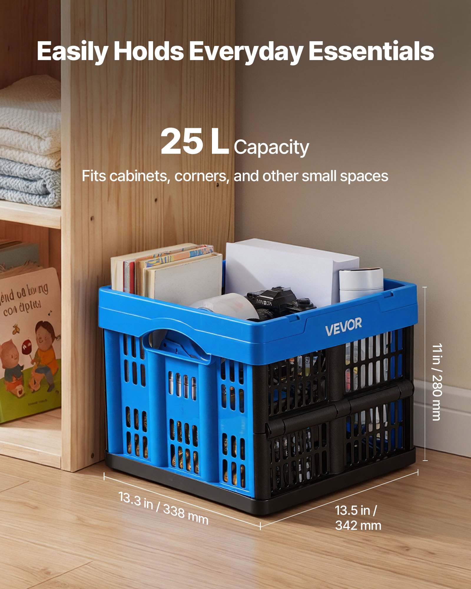 VEVOR Cajas de Almacenaje Plegables de Plástico 25 L, 3 Unidades, Contenedores de Almacenaje sin Tapa, con Asas, Soporta 10 kg, Ahorra Espacio para Organización Camping Coche Hogar, Color Azul y Negro