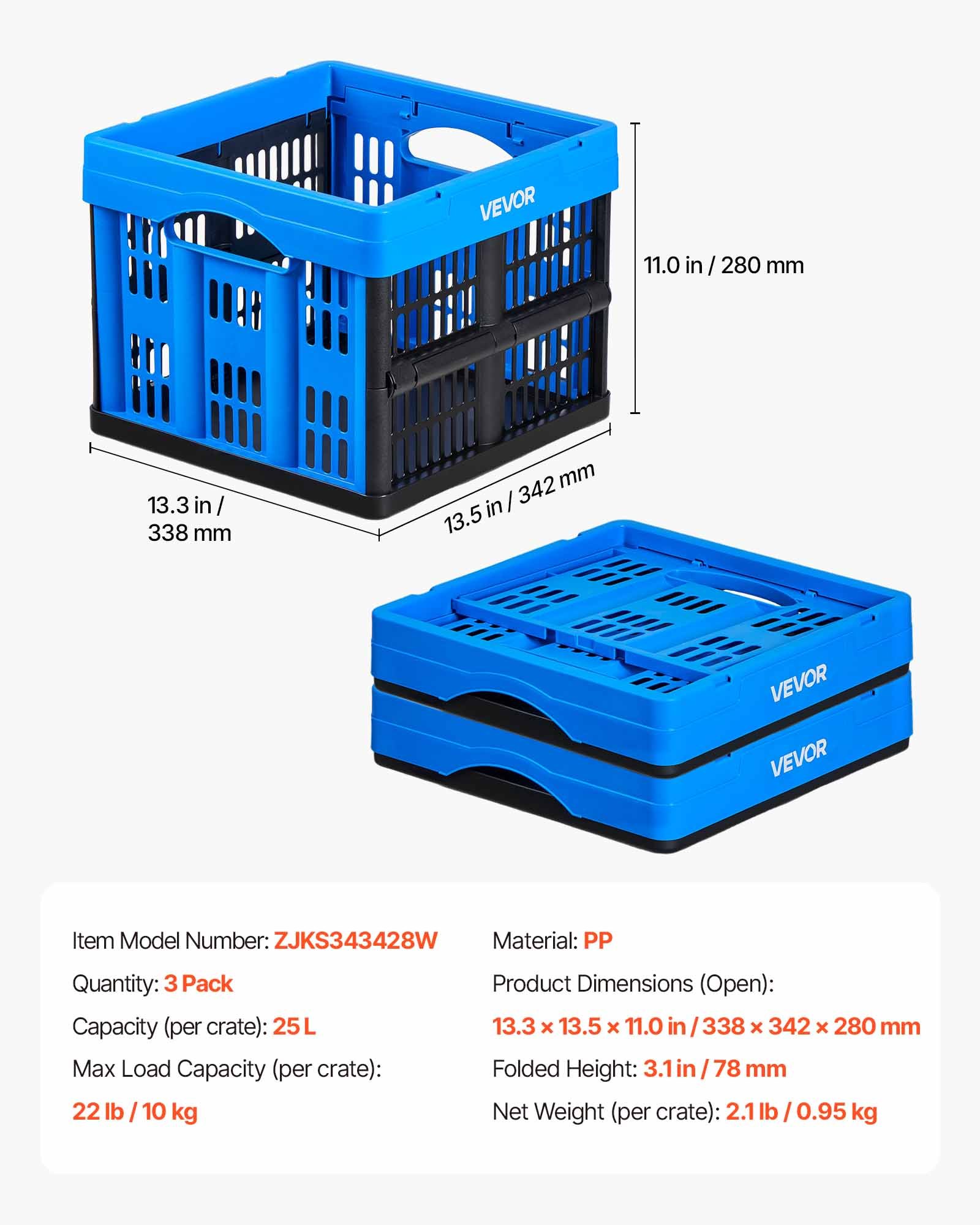 VEVOR Cajas de Almacenaje Plegables de Plástico 25 L, 3 Unidades, Contenedores de Almacenaje sin Tapa, con Asas, Soporta 10 kg, Ahorra Espacio para Organización Camping Coche Hogar, Color Azul y Negro