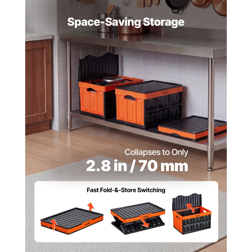 VEVOR Cajas de Almacenaje Plegables de Plástico 45 L, 3 Unidades, Contenedores de Almacenaje con Asas, Tapa Apilable, Soporta 20 kg, Ahorra Espacio para Coche Camping Organización Hogar, Naranja Negro