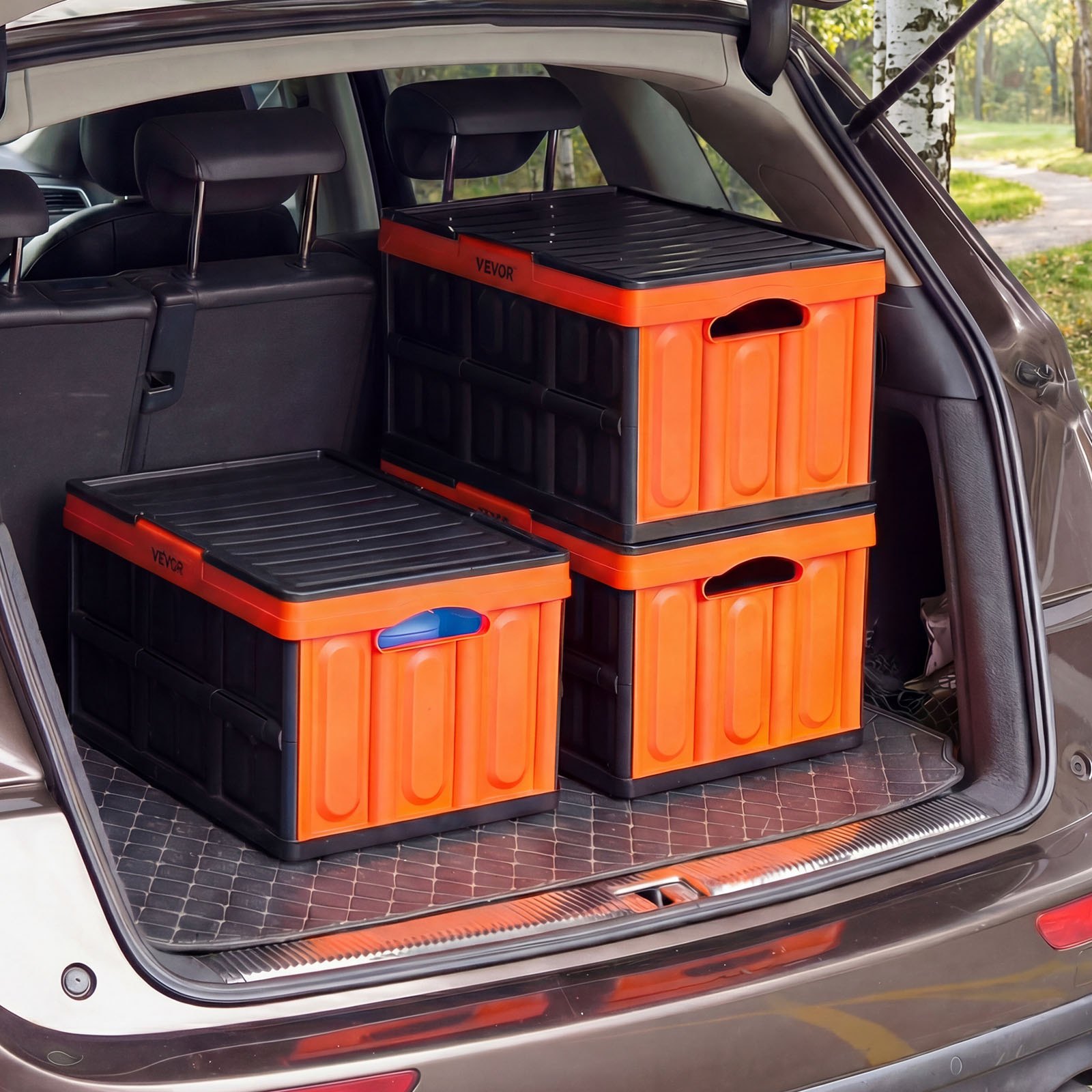 VEVOR Cajas de Almacenaje Plegables de Plástico 45 L, 3 Unidades, Contenedores de Almacenaje con Asas, Tapa Apilable, Soporta 20 kg, Ahorra Espacio para Coche Camping Organización Hogar, Naranja Negro