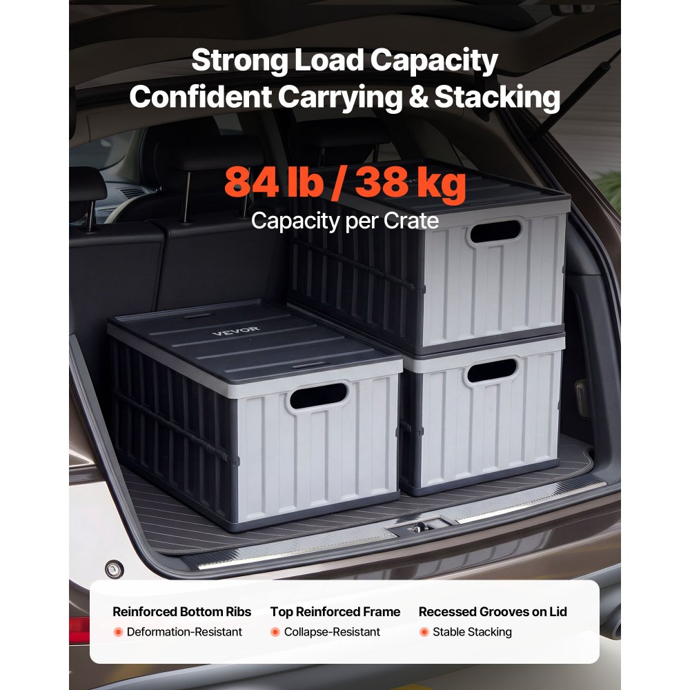 VEVOR Cajas de Almacenaje Plegables de Plástico 65 L, 3 Unidades, Contenedores de Almacenaje con Tapa Apilable, Asas, Ahorra Espacio, Soporta 38 kg para Camping Organización Hogar Coche, Gris Oscuro