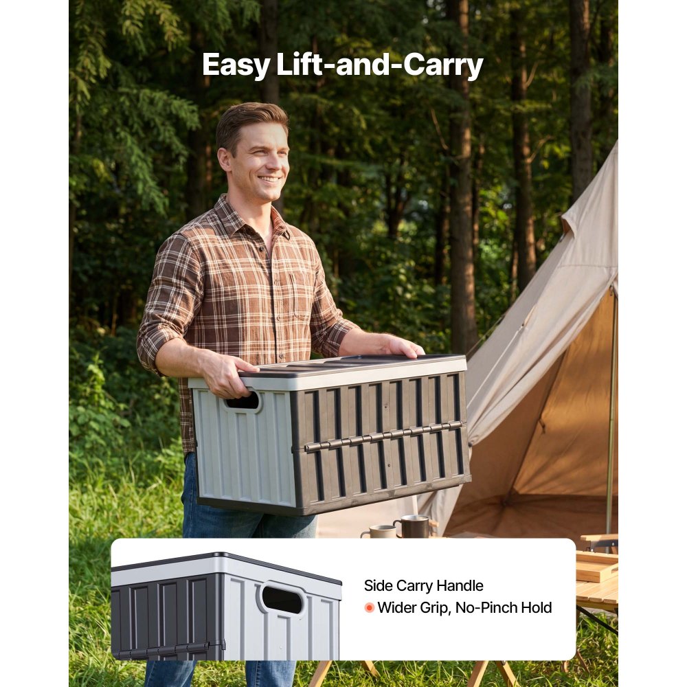 VEVOR Cajas de Almacenaje Plegables de Plástico 65 L, 3 Unidades, Contenedores de Almacenaje con Tapa Apilable, Asas, Ahorra Espacio, Soporta 38 kg para Camping Organización Hogar Coche, Gris Oscuro