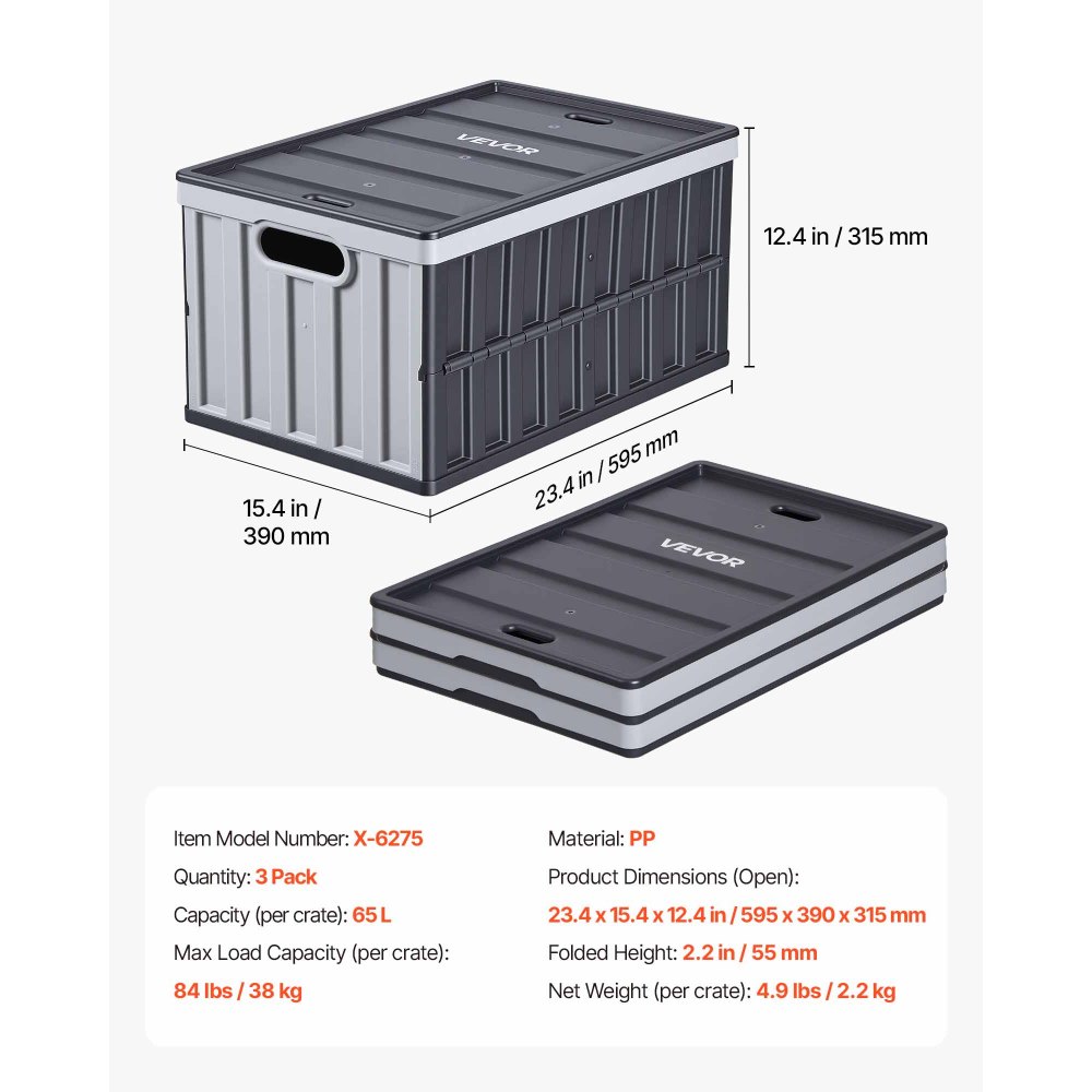 VEVOR Cajas de Almacenaje Plegables de Plástico 65 L, 3 Unidades, Contenedores de Almacenaje con Tapa Apilable, Asas, Ahorra Espacio, Soporta 38 kg para Camping Organización Hogar Coche, Gris Oscuro
