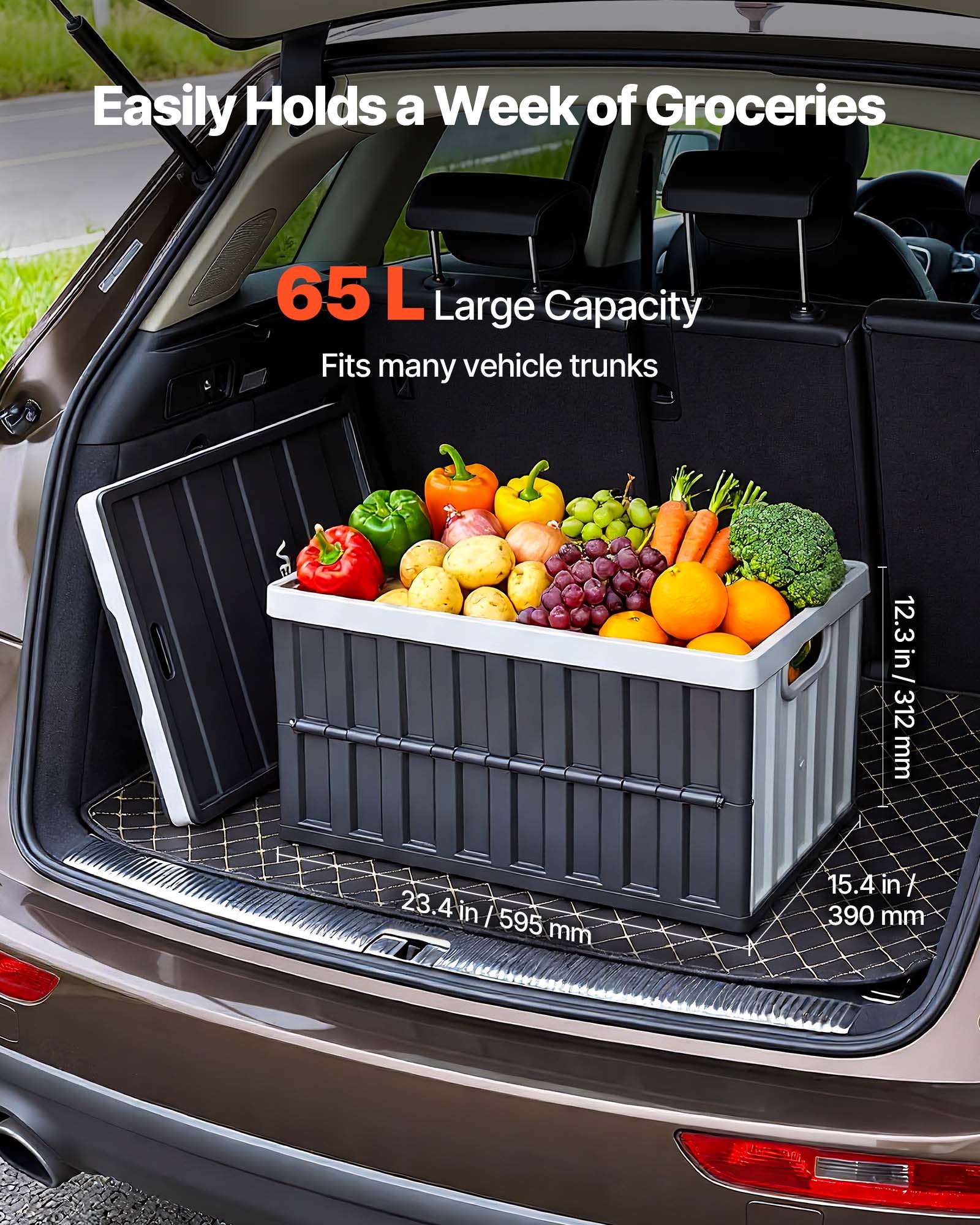 VEVOR Cajas de Almacenaje Plegables de Plástico 65 L, 3 Unidades, Contenedores de Almacenaje con Tapa Apilable, Asas, Ahorra Espacio, Soporta 38 kg para Camping Organización Hogar Coche, Gris Oscuro
