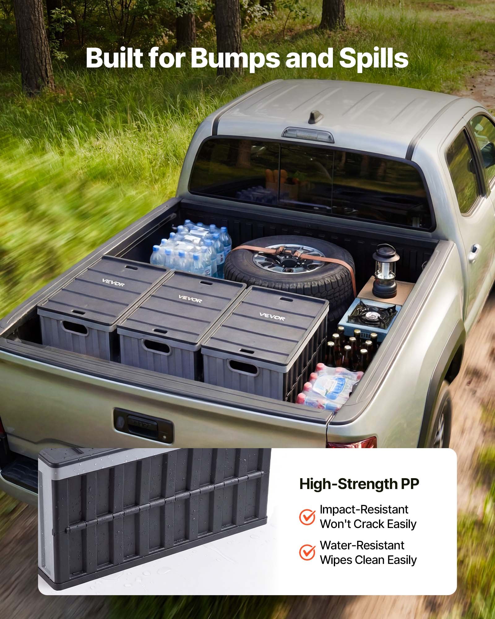 VEVOR Cajas de Almacenaje Plegables de Plástico 65 L, 3 Unidades, Contenedores de Almacenaje con Tapa Apilable, Asas, Ahorra Espacio, Soporta 38 kg para Camping Organización Hogar Coche, Gris Oscuro
