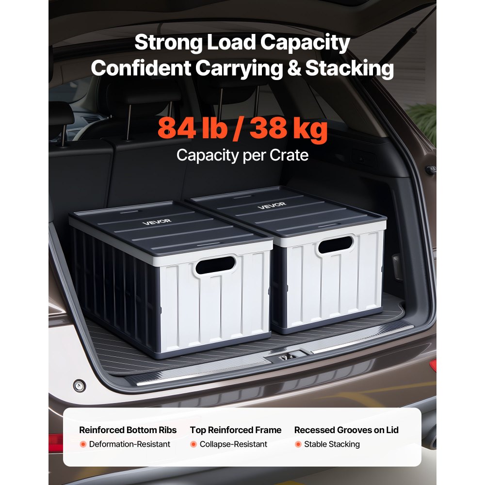 VEVOR Cajas de Almacenaje Plegables de Plástico 65 L, 2 Unidades, Contenedores de Almacenaje con Asas, Tapa Apilable, Ahorra Espacio, Soporta 38 kg para Hogar Coche Camping Organización, Gris Oscuro