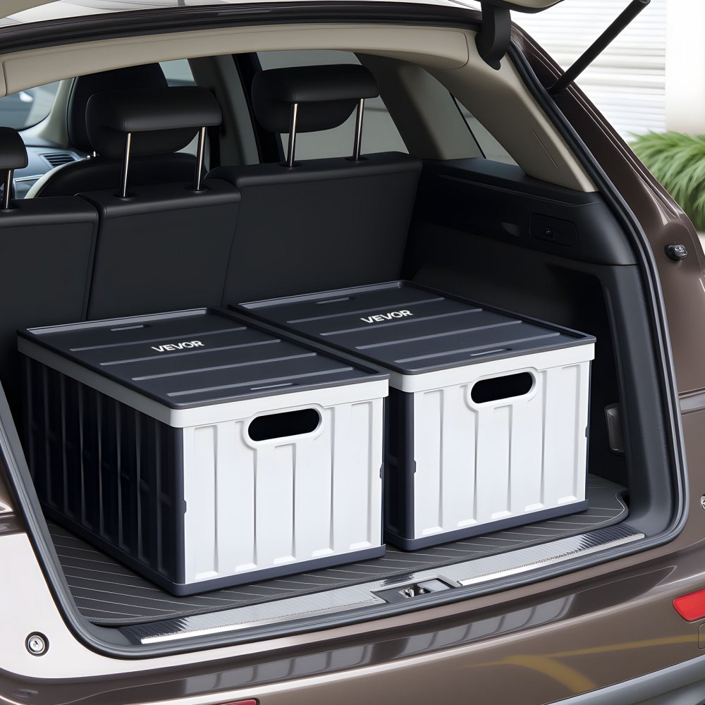 VEVOR Cajas de Almacenaje Plegables de Plástico 65 L, 2 Unidades, Contenedores de Almacenaje con Asas, Tapa Apilable, Ahorra Espacio, Soporta 38 kg para Hogar Coche Camping Organización, Gris Oscuro