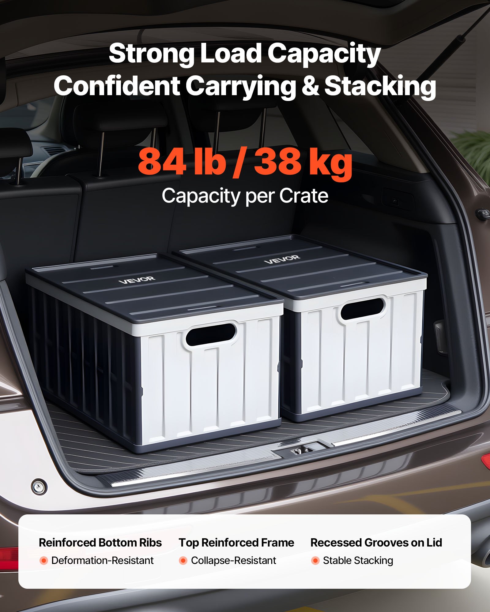 VEVOR Cajas de Almacenaje Plegables de Plástico 65 L, 2 Unidades, Contenedores de Almacenaje con Asas, Tapa Apilable, Ahorra Espacio, Soporta 38 kg para Hogar Coche Camping Organización, Gris Oscuro