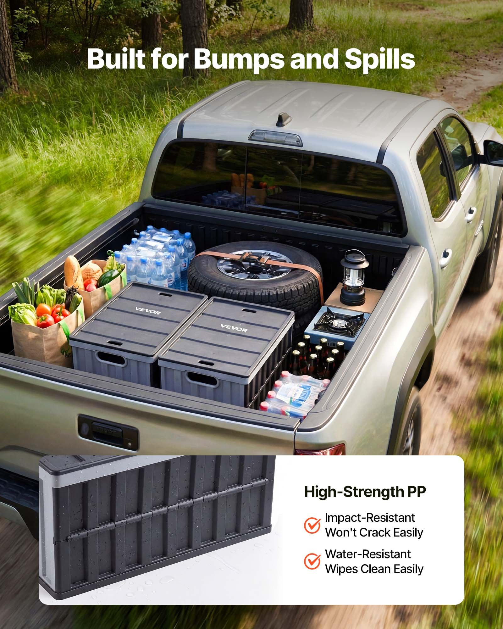 VEVOR Cajas de Almacenaje Plegables de Plástico 65 L, 2 Unidades, Contenedores de Almacenaje con Asas, Tapa Apilable, Ahorra Espacio, Soporta 38 kg para Hogar Coche Camping Organización, Gris Oscuro